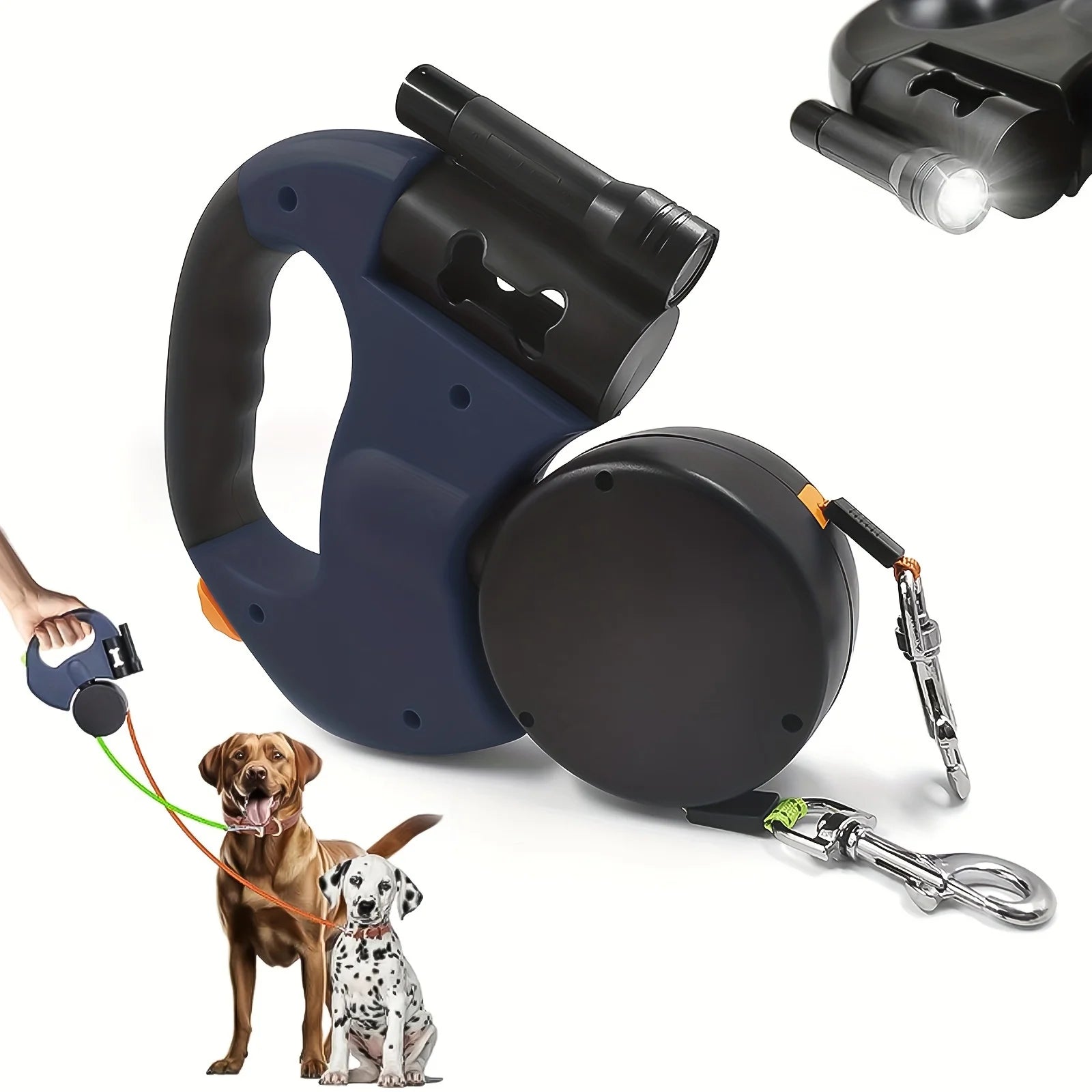 Dual Retractable Dog Leash w/LED Flashlight and Waste Bag Box Roulette