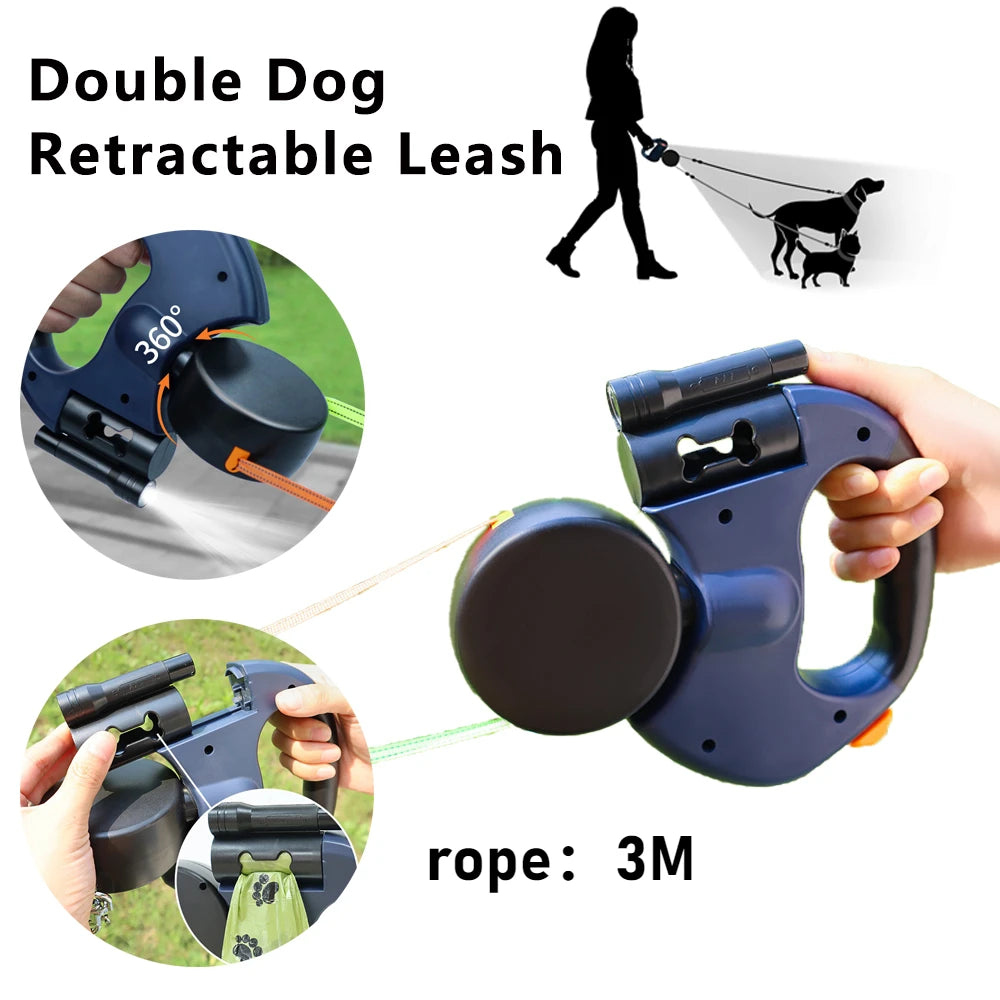 Dual Retractable Dog Leash w/LED Flashlight and Waste Bag Box Roulette