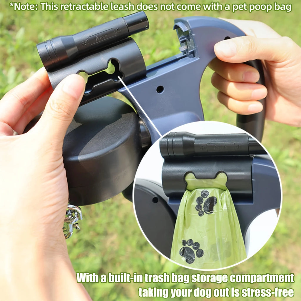 Dual Retractable Dog Leash w/LED Flashlight and Waste Bag Box Roulette